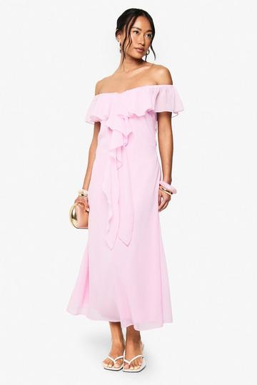 Chiffon Bardot Ruffle Midaxi Dress pink