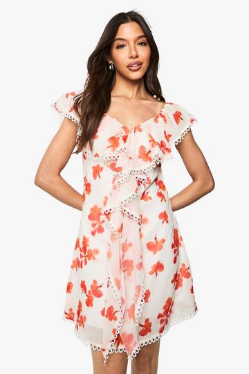 Chiffon Floral Ruffle Bardot Mini Dress white