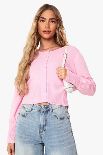 Pink Cinched Waist Crew Neck Knitted Cardigan
