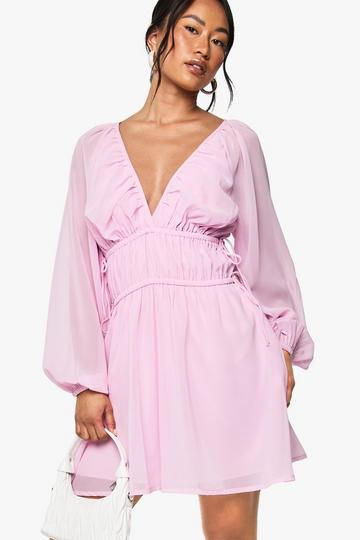 Chiffon Tie Waist Balloon Sleeve Mini Dress pink