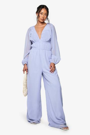 Chiffon V Neck Ruched Wide Leg Jumpsuit blue