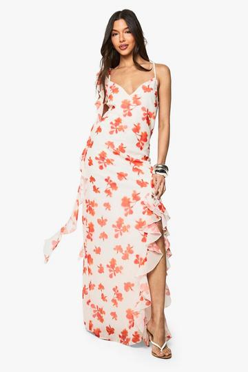 Floral Cowl Neck Backless Maxi Dress white