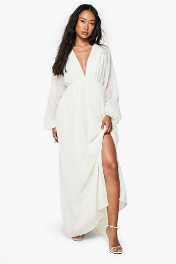 Chiffon V Neck Ruched Maxi Dress ecru