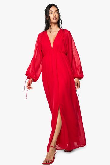 Chiffon V Neck Ruched Maxi Dress red