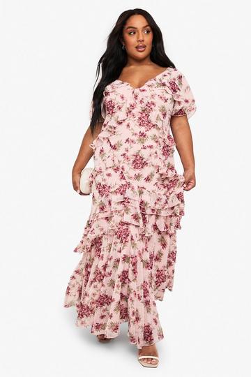 Plus Dobby Chiffon Floral Frill Detail Maxi Dress pink