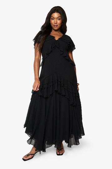 Plus Dobby Chiffon Frill Detail Maxi Dress black