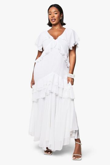 Ivory White Plus Dobby Chiffon Frill Detail Maxi Dress