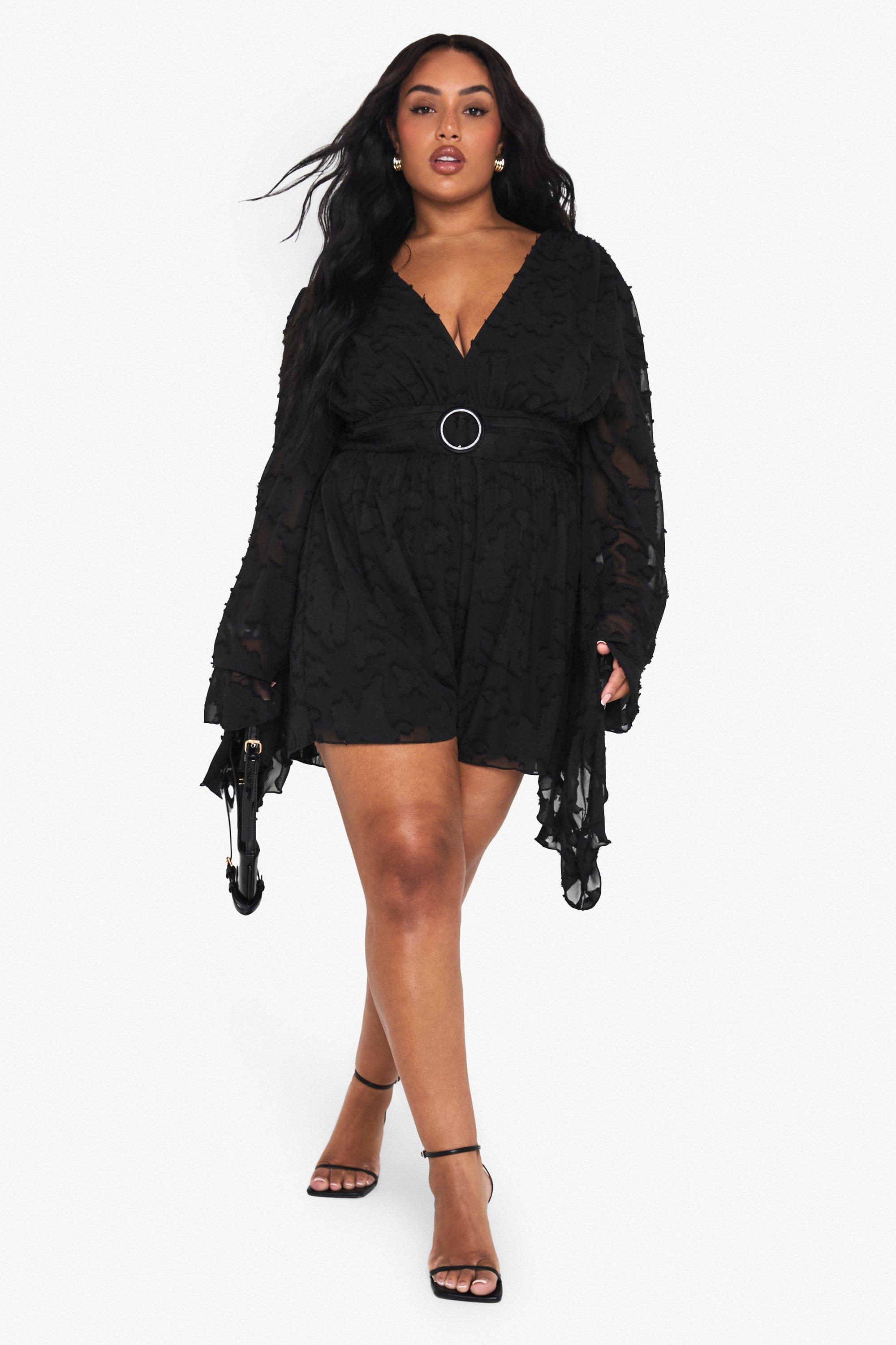 PLUS TEXTURED flare sleeve PLAYSUIT | boohoo USA PLUS TEXTURED flare sleeve PLAYSUIT | boohoo USA