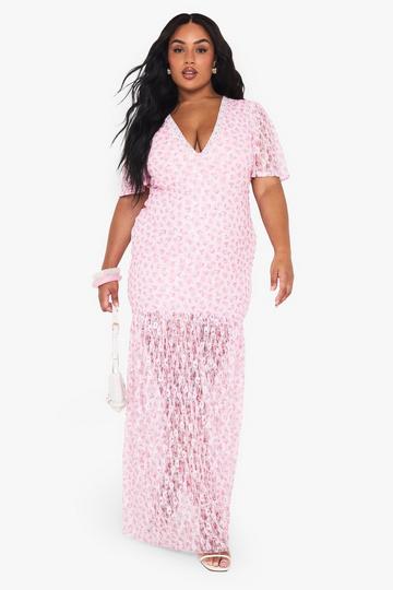 plus floral lace drop hem maxi dress pink