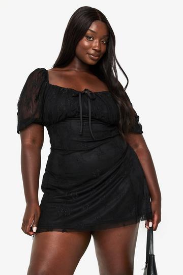 Plus Lace Puff Sleeve Skater Dress black
