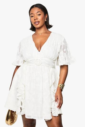 Plus Burnout Floral Angel Sleeve Skater Dress ivory