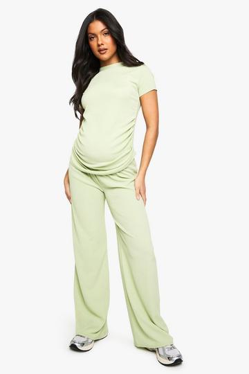 Zwangerschap T-Shirt Met Ruches En Wide Leg Broek sage