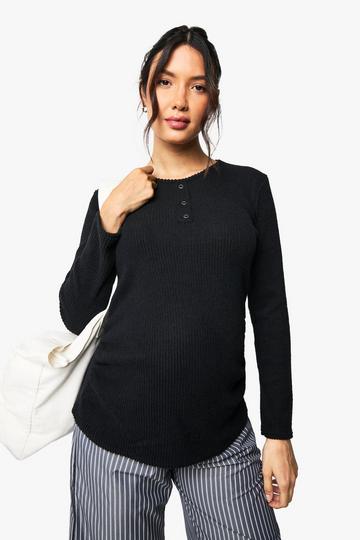 MATERNITY POPPER FRONT BRUSHED RIB TOP black