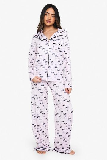 Cherry Print Piping Detail Long Sleeved Shirt & Trousers Pyjama Set light pink