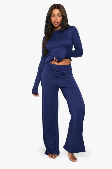 Soft Peached Long Sleeve Top & Trousers Lounge Pyjama Set navy