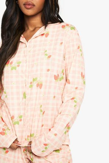 Strawberry Print Long Sleeve Shirt & Shorts Pyjama Set peach