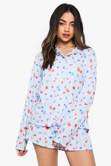 Berry Print Long Sleeve Shirt & Shorts Pyjama Set blue