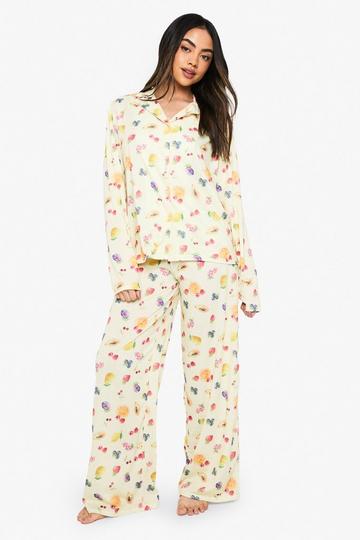 Lemon Yellow Mixed Fruit Print Long Sleeve Shirt & Trousers Pyjama Set