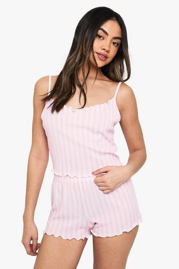 Stripe Rib Lettuce Hem Cami & Shorts Pyjama Set pink