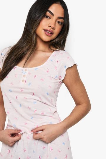 Pink Bow Print Rib Lettuce Hem Short Sleeve Top & Shorts Pyjama Set