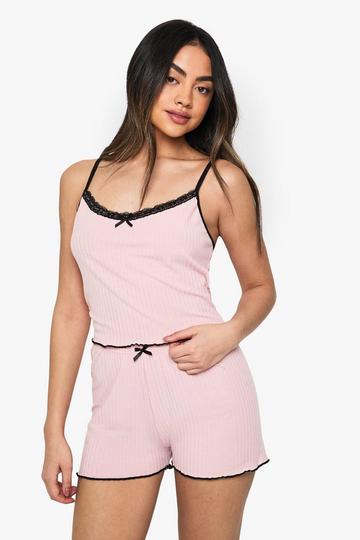 Lace Trim Bow Detail Cami & Shorts Pyjama Set nude