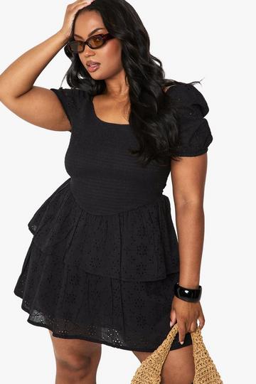 Plus Shirred Broderie Skater Dress black