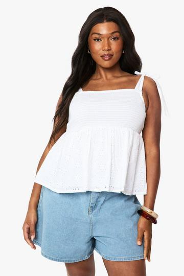 Plus Shirred Broderie Tie Shoulder Smock Top white