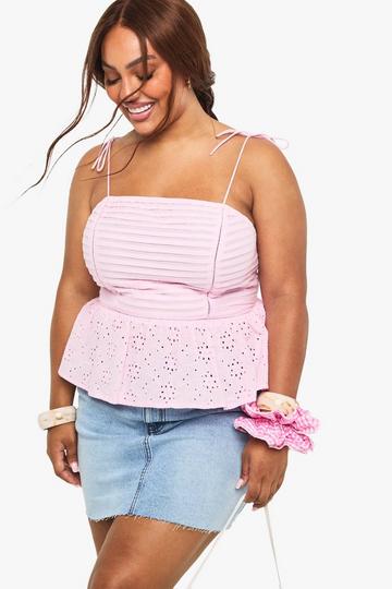 Plus Pleated Broderie Peplum Cami Top pink