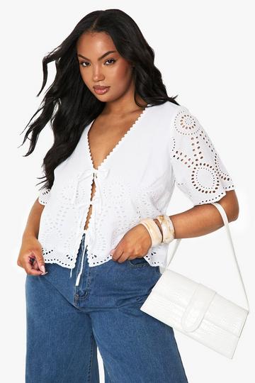 Plus Broderie Short Sleeve Tie Detail Top white