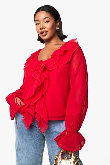 Plus Chiffon Ruffle Tie Detail Blouse red