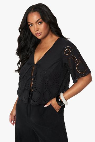 Plus Broderie Short Sleeve Tie Detail Top black