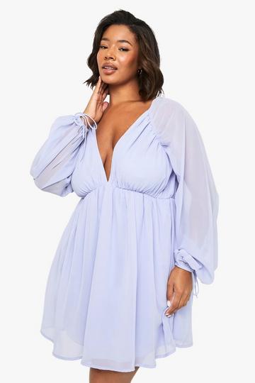 Plus Chiffon Volume Sleeve Skater Dress sky blue