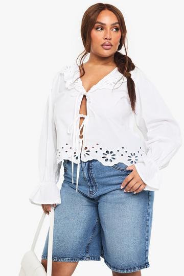 Plus Broderie Tie Detail Blouse white