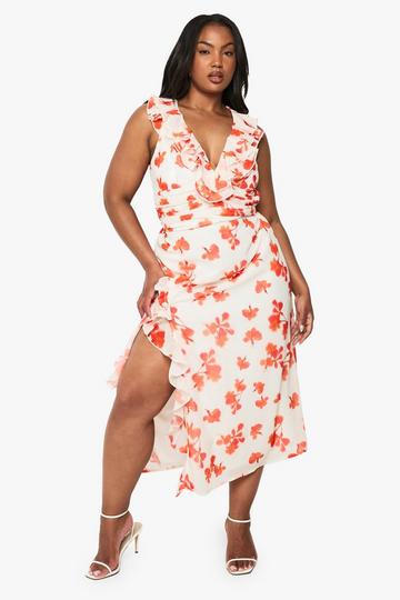 Plus Floral Chiffon Ruffle Wrap Dress red