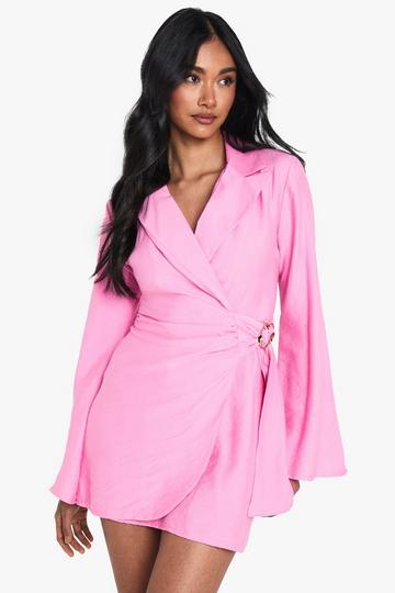 Pink Linen Look Buckle Detail Tie Waist Tailored Blazer Dress