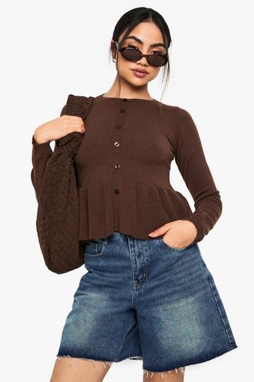 Cinched Waist Peplum Knitted Cardigan choc brown