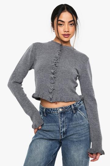 Ruffle Front Lightweight Knitted Cardigan grey