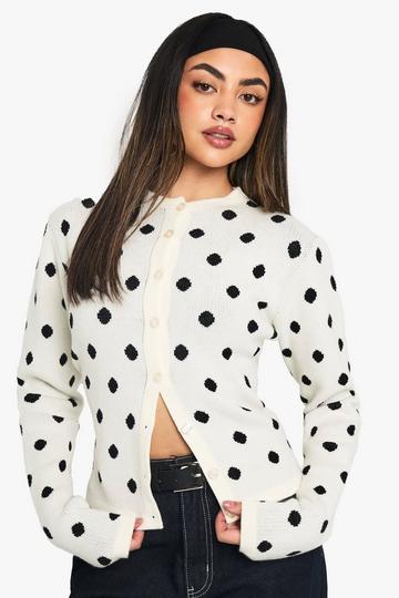 Polka Dot Crew Neck Knitted Cardigan cream