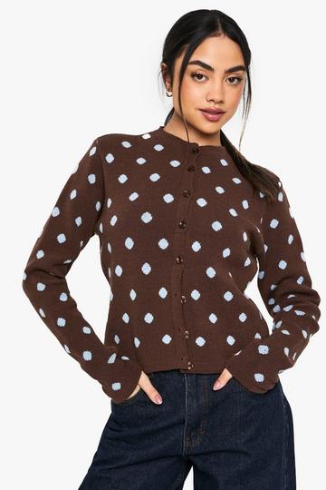 Brown Polka Dot Crew Neck Knitted Cardigan