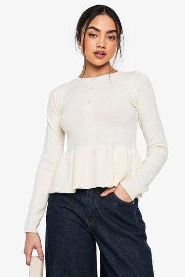 Cream White Cinched Waist Peplum Knitted Cardigan