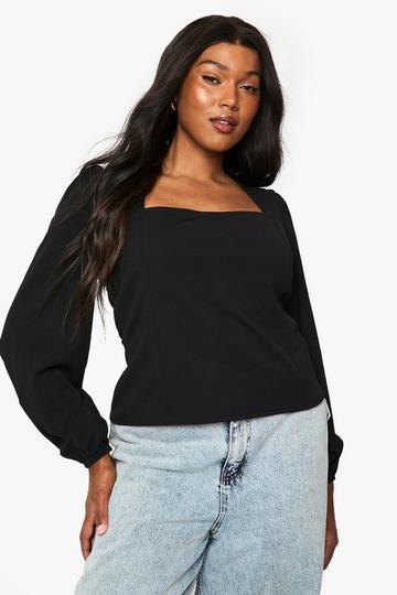 Plus Square Neck Long Sleeve Corset Top black
