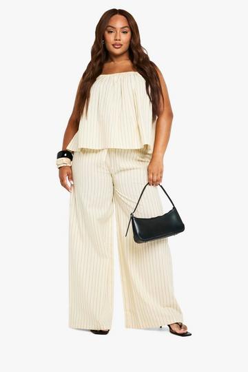 Plus Stripe Elasticated Wide Leg Trouser ecru