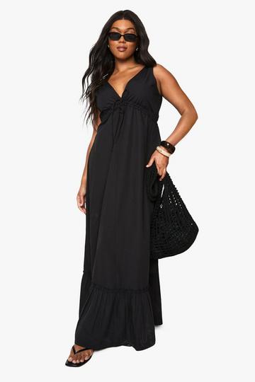 Plus Cotton Poplin Ruched Tie Detail Maxi Dress black