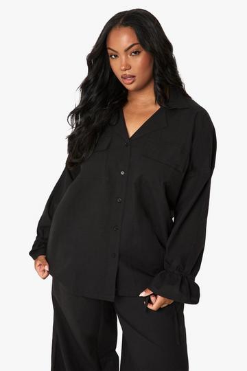 Plus Linen Oversized Tie Cuff Shirt black