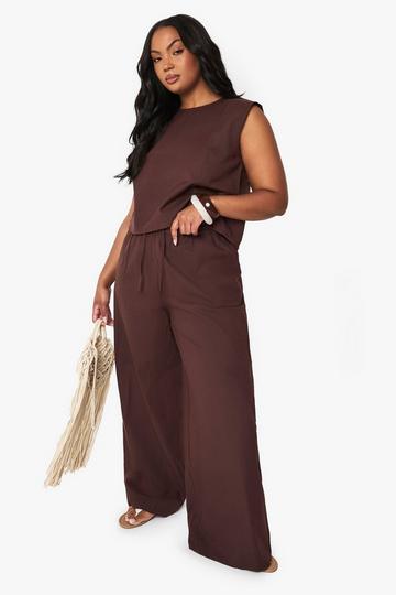 Plus Linen Wide Leg Trousers chocolate
