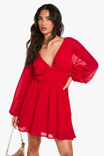 Petite Chiffon Tie Waist Balloon Sleeve Mini Dress red