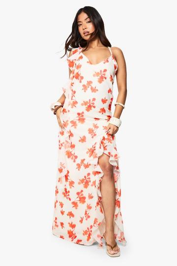 Petite Bloemenprint Maxi Jurk Met Waterval Hals En Open Rug white