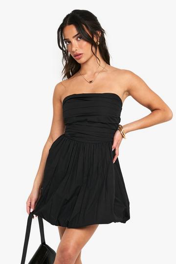 Petite Cotton Poplin Bandeau Puffball Mini Dress black