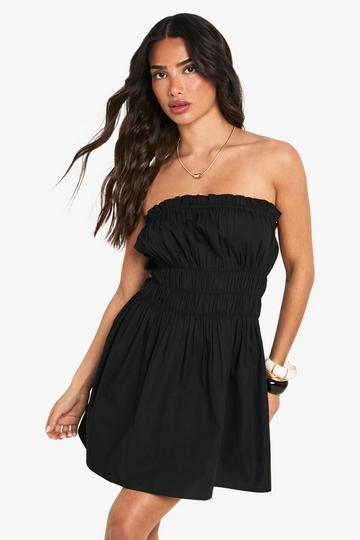 Petite Cotton Poplin Shirred Mini Dress black