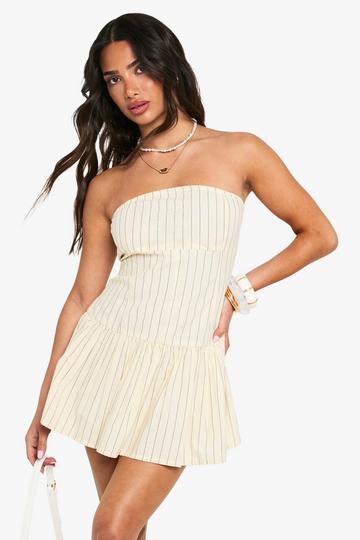 Petite Stripe Linen Look Button Down Pepum Mini Dress ecru